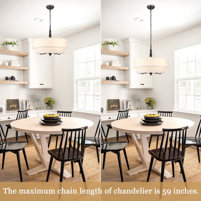 21.25-inch 5-light elegant retro metal chandelier with double-layer fabric lampshade and adjustable height