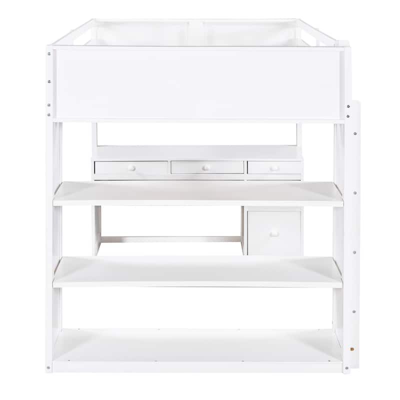 Full Size Loft Bed with Desk, Shelves and Drawers, Space-Saving Multi-Functional Bed Frame with Guardrails and Ladder