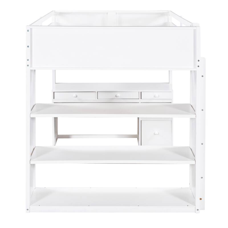 Full Size Loft Bed with Ladder, Shelves, and Desk, Gray - N/A