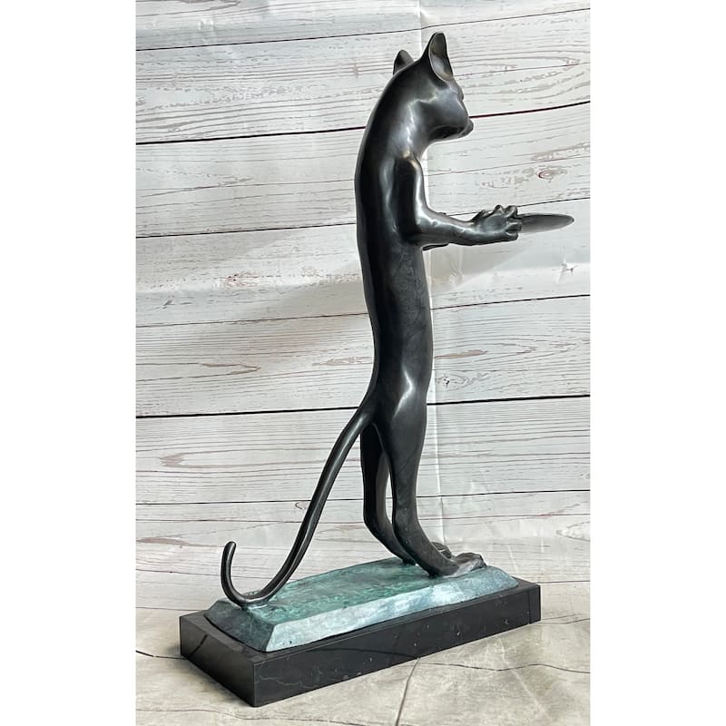 Standing Imitative Cat Holding Tray Business Card Holder Bronze Sculpture Statue Original Art Decor