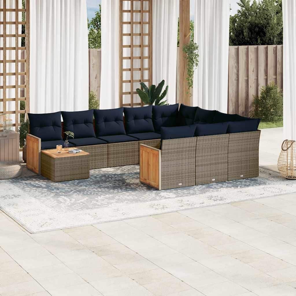vidaXL 11 Piece Patio Sofa Set with Cushions Gray Poly Rattan - 113.8x33.5x112.6