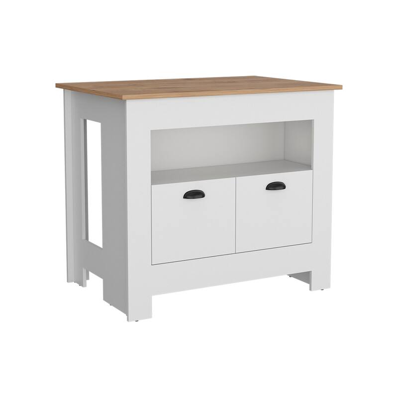 "Modern 35" Kitchen Island, White and Macadamia Finish, 2 Doors, 3 Shelves, Durable Wood"