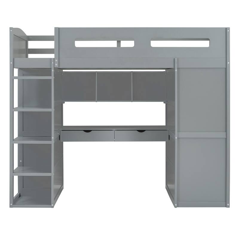 Twin/Full Size Loft Bed with Bulit-in Wardrobes, Desk and 4 Drawers, Solid Wood Loft Bedframe with 4-Tier Storage Shelves