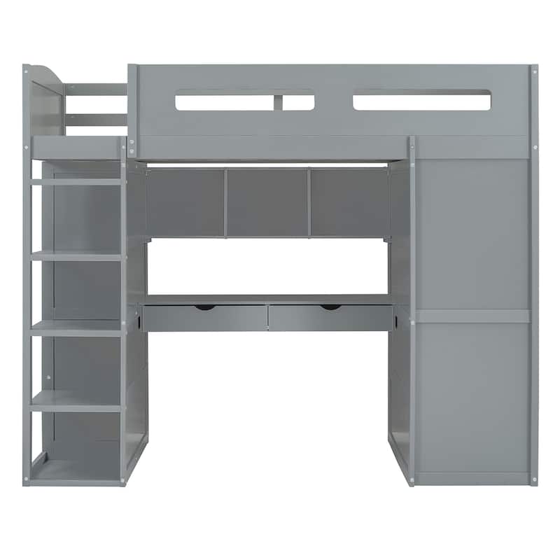 Twin Size Solid Wood Loft Bed with Desk, Wardrobes, 4 Drawers and 4 Shelves for Kids, Bedroom