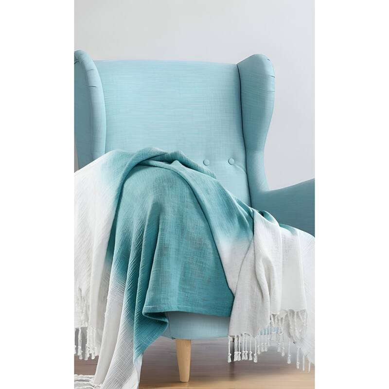 50" X 60" Blue and White Woven Cotton Ombre Throw Blanket with Fringe - Throw