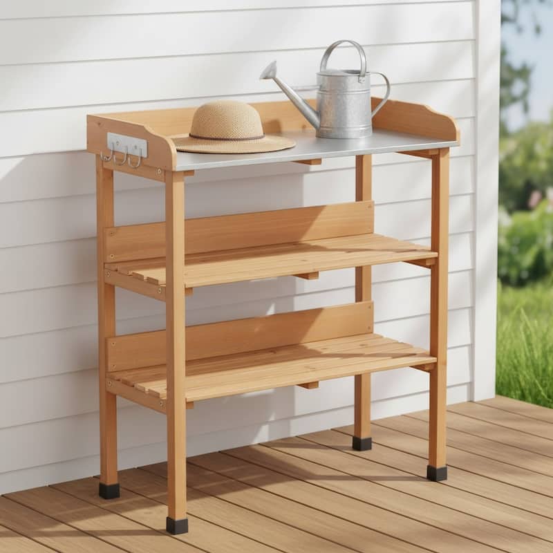 Anmytek Solid Wood Potting Bench with Waterproof Metal Tabletop, 3-Tier Outdoor Gardening Workstation with Storage Shelves