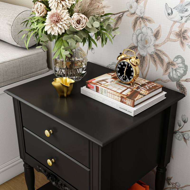 Nightstand Side Tables Drawers and Open Storage Shelf White Lacquer