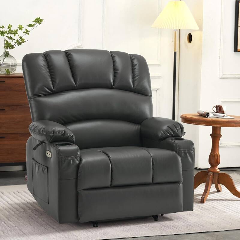 MCombo Large Power Lift Recliner Chair with Massage and Heat, Cup Holders, Side Pockets, Faux Leather R7092 (Large-Wide)