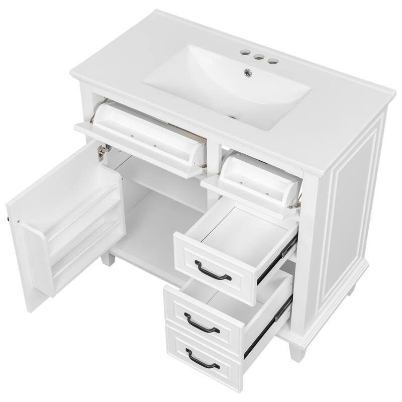 36 Inch Bathroom Vanity with Ceramic Sink Top, Solid Wood Frame, MDF & Poplar Cabinet, Flip Drawers, Adjustable Shelf