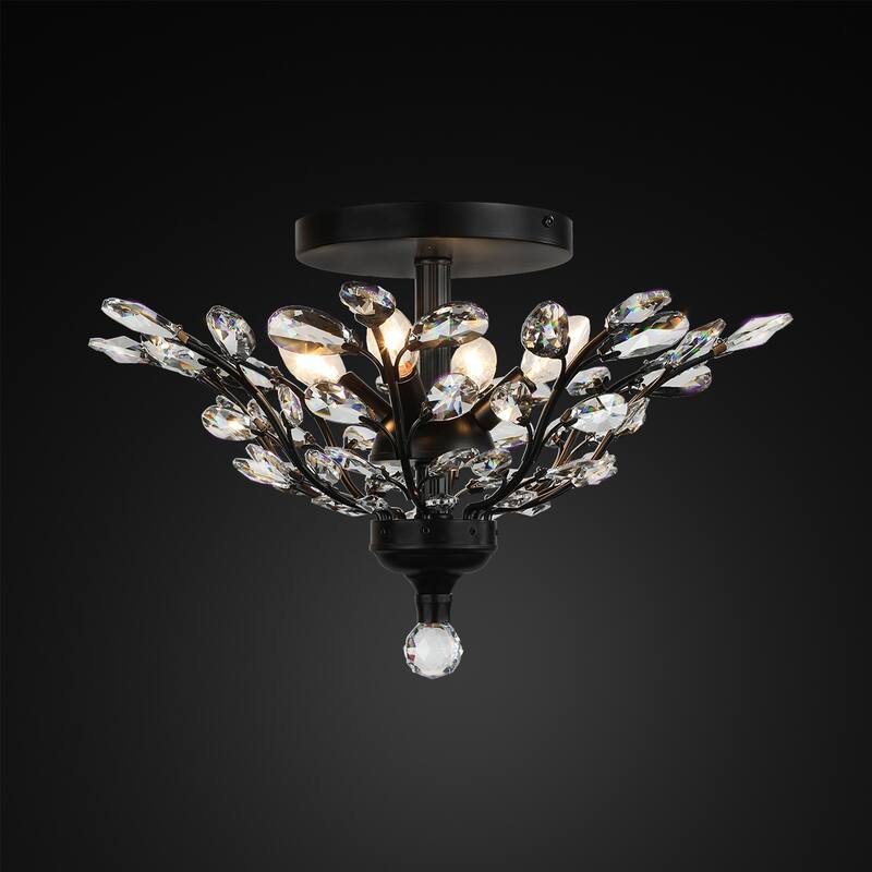 Matte Black Clear Crystal 20" Tree Branch Flush Mount Ceiling 4 Lights - 20" Wide