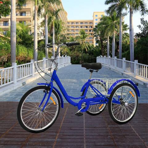 Assembleasily Adult Tricycles 24 inch 7 Speed 3 Wheel Bikes Adult Trikes Bicycles with Shopping Basket Blue Teens - 24"