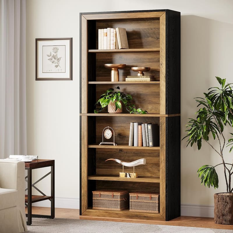 6-Tier Bookcase Tall Open Display Shelves Wood Storage Bookshelf for Living Room Office Bedroom