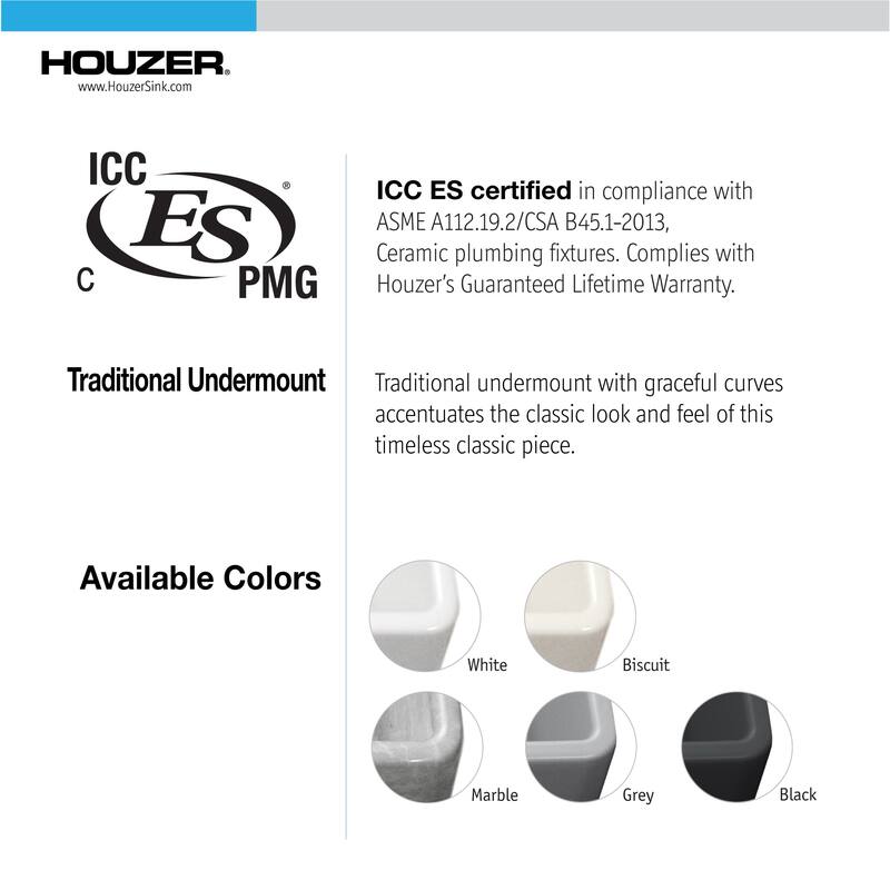 Houzer Platus 18-7/8" Undermount Single Basin Fireclay Bar Sink