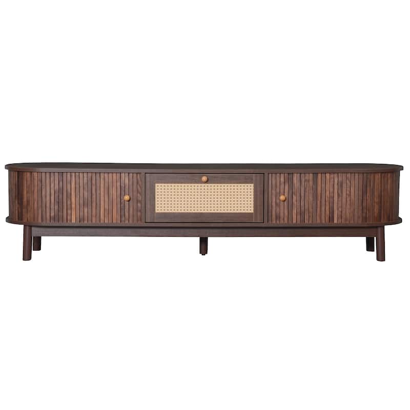 Roomfitters 75" TV Stand with Rattan Drawer, Media Console with 1 Drawer and 2 Sliding Cabinets, Modern Design, Dark Brown