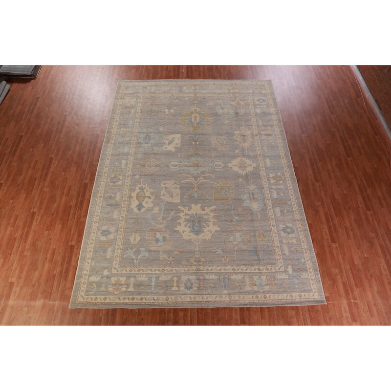 Hand Knotted Oriental 100% Wool Carpet Transitional All-Over Greys & Charcoal Oushak Area Rug - 14' 0'' X 10' 2''