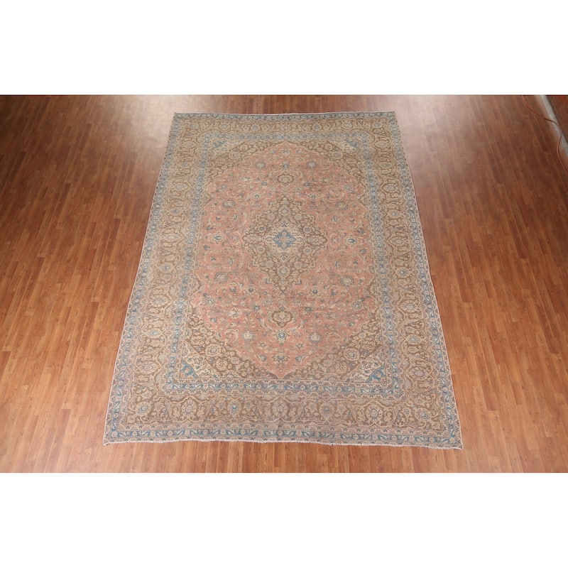 Distressed Mashad Persian Vintage Rug Hand-Knotted Pink Wool Carpet - 9'7"x 12'10"