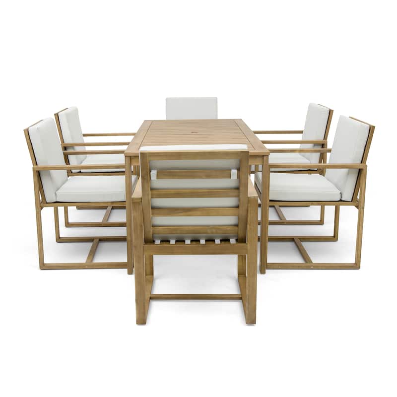 7-Piece Outdoor Patio Acacia Wood Dining Set with Umbrella Hole and 6 Cushioned Armchairs