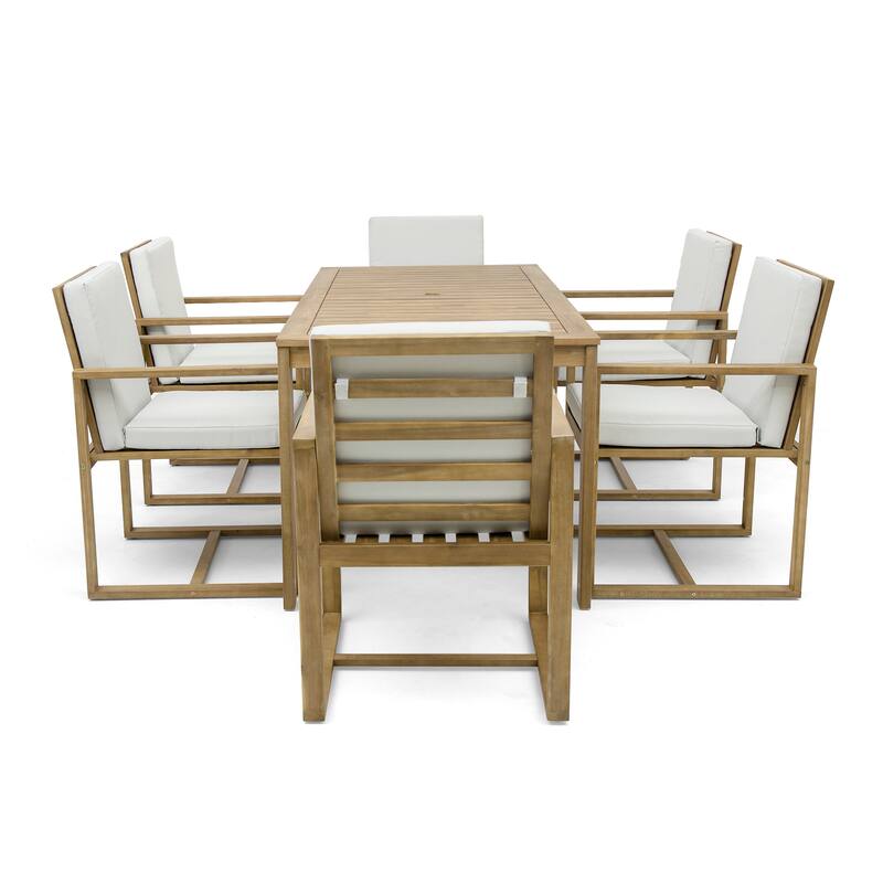 Outdoor Patio Metal Dining Set with Acacia Wood Armrest Suitable for Patio, Balcony or Backyard