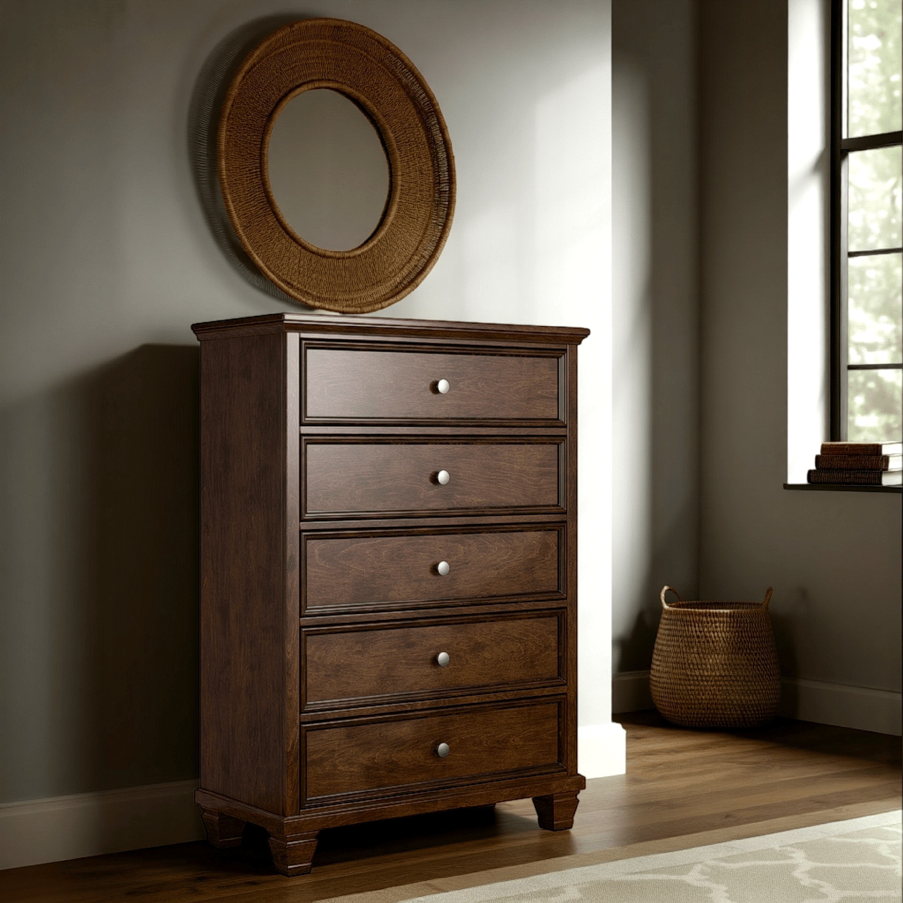 Reno Tall Dresser Chest, 5 Drawer Nickel Round Knobs, Brown Solid Wood - Bed Bath & Beyond - 42661598 Reno Tall Dresser Chest, 5 Drawer Nickel Round Knobs, Brown Solid Wood - Bed Bath & Beyond - 42661598