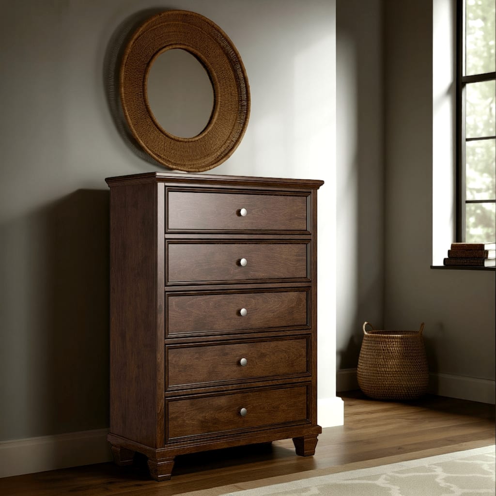 Reno Tall Dresser Chest, 5 Drawer Nickel Round Knobs, Brown Solid Wood