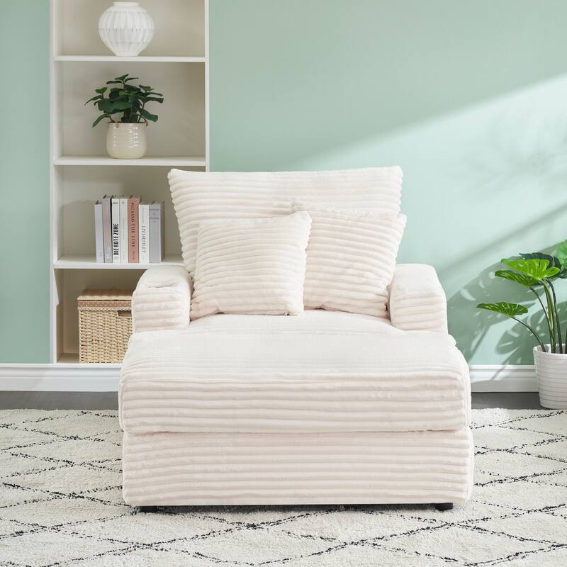 White 39.37" Corduroy Upholstered Single Armchair Sofa with Ottoman and Cup Holder for Lving Room - White