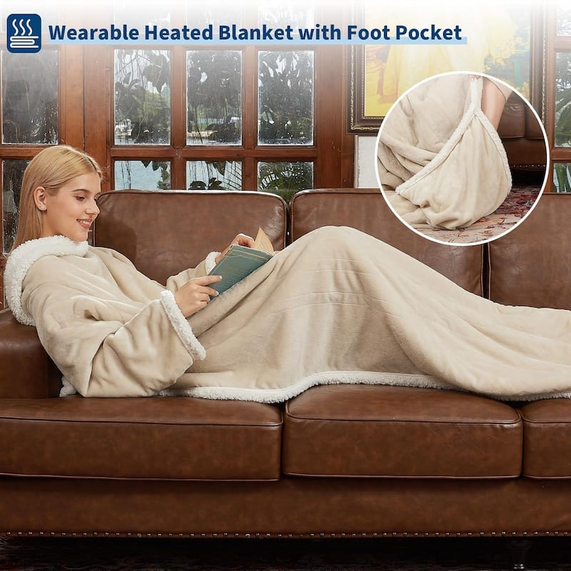 Unisex Wearable Heated Blanket With Foot Covers And Sleeves Khaki