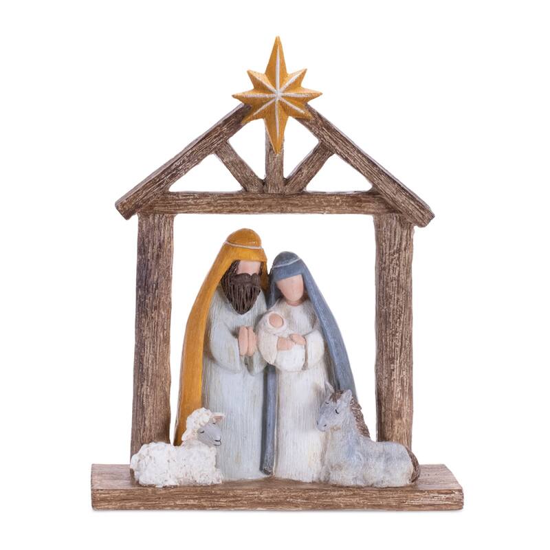 Arch Nativity Christmas Figurine with Farm Animals - 10" - Brown and Blue