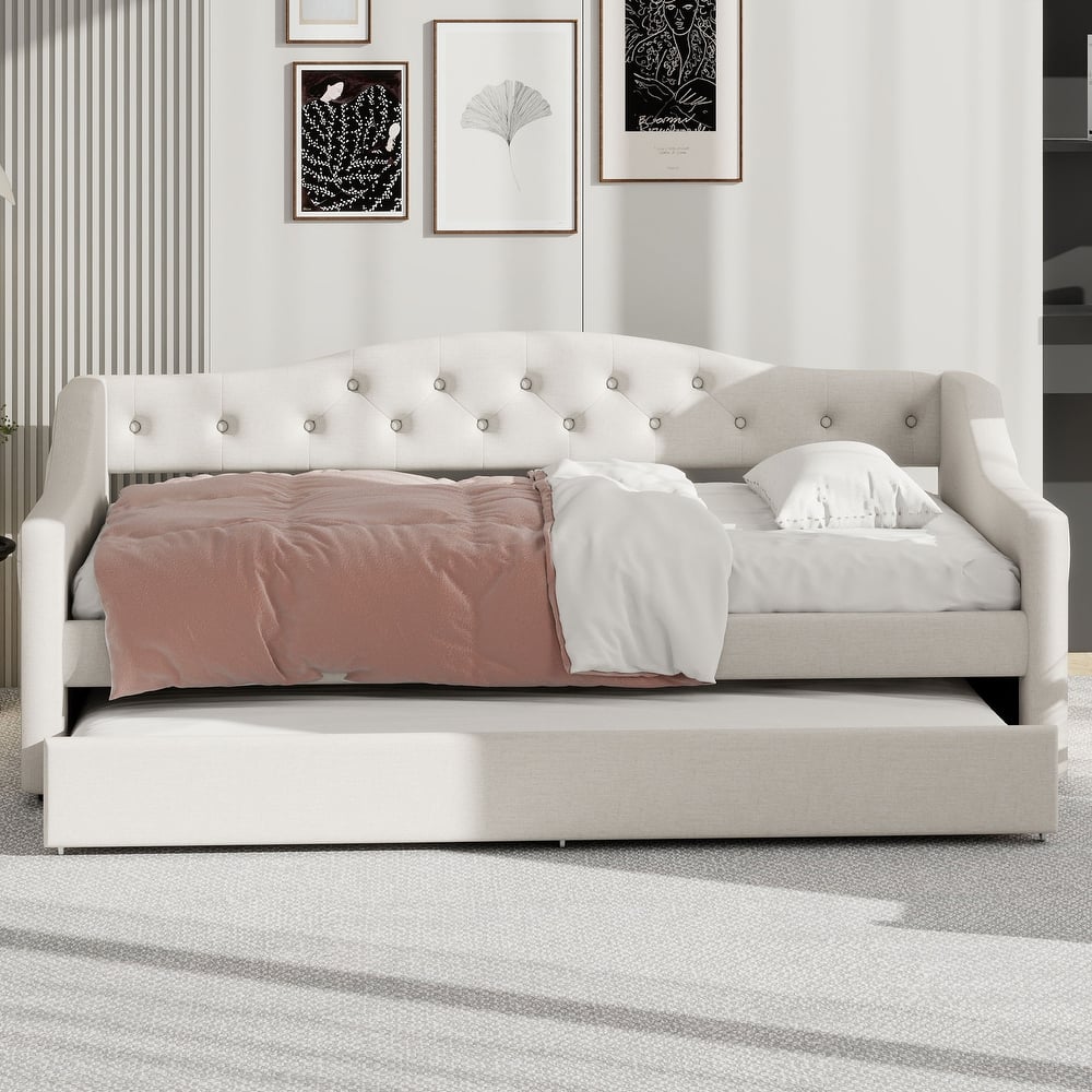 Linen Fabric Daybed Sofa Bed with LED Lights on Both Sides, Upholstered Tufted Platform Bed Frame with Trundle Bed