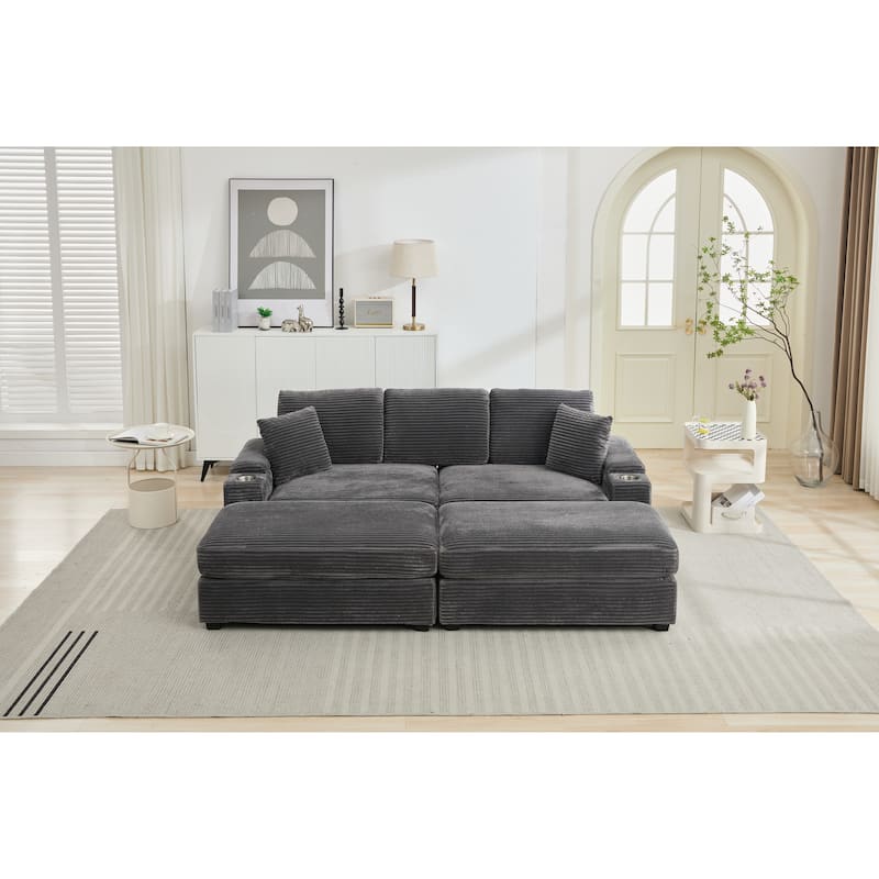 Modular Convertible Sectional Sofa with 2 Ottomans, 2 Seaters Corduroy Arms Couch, Loveseat Sofa with Cup Holders & USB Ports - Grey