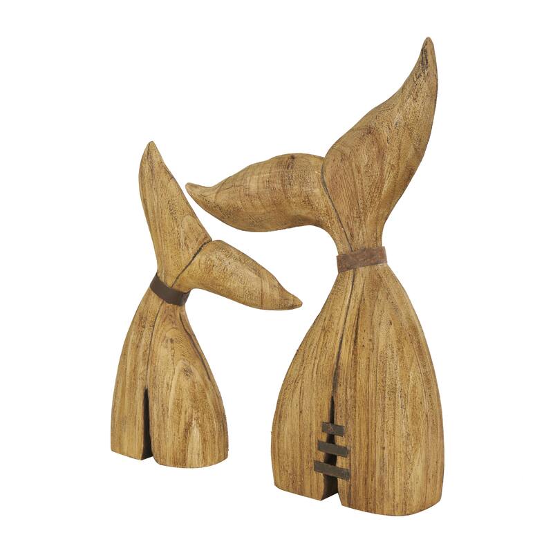 Wood Whale Handmade Tail Decorative Sculpture with Metal Band Accents - Set of 2 Brown - Roche River Decor