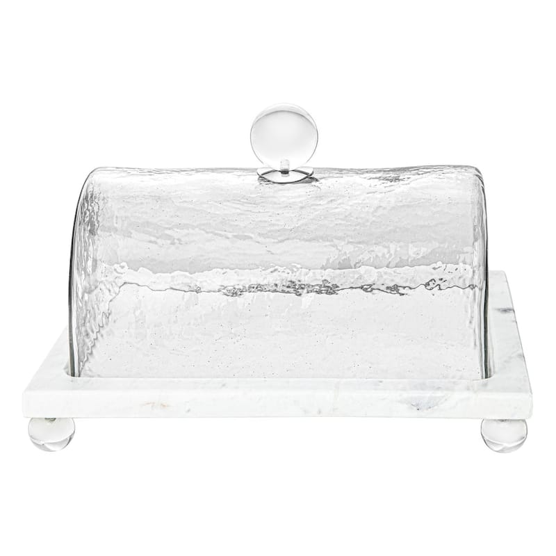 Marble Cake Plater with Glass Cover with Clear Ball Knob - 10.4"L