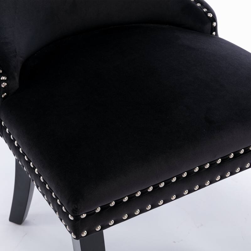 Wing Upholstered Dining Chair w/ Nailhead Trim & Solid Wood Legs Set of 2 - Black