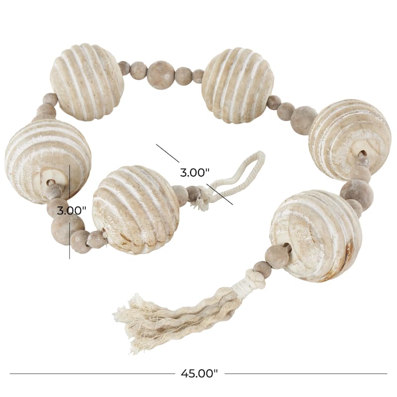 Cream Wood Handmade Distressed Beaded Garland with Tassel