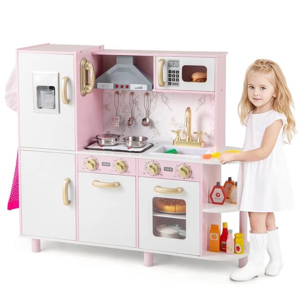 slide 2 of 10, Gymax Kids Kitchen Playset w/ Apron Stoves Hood Oven Ice Maker Pink