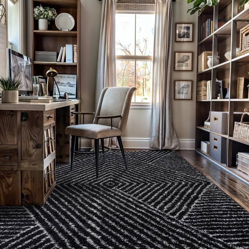 Minimal Stripe Geometric Shag Rug - Anthracite Dark Gray - Medium Pile - Cozy & Modern