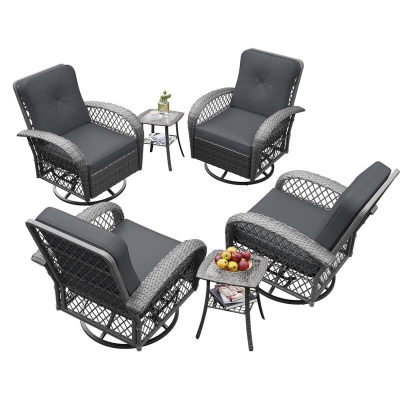 UPHA 6-Piece Patio Outdoor Wicker Swivel Rocking Chair Set with Side Table and Cushions - Grey