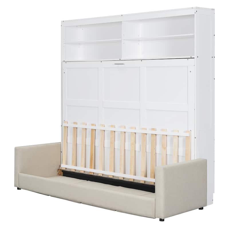 Queen Size Solid Wood Wall-Mounted Murphy Bed with Integrated Sofa and Space-Saving Storage, White and Gray Finish