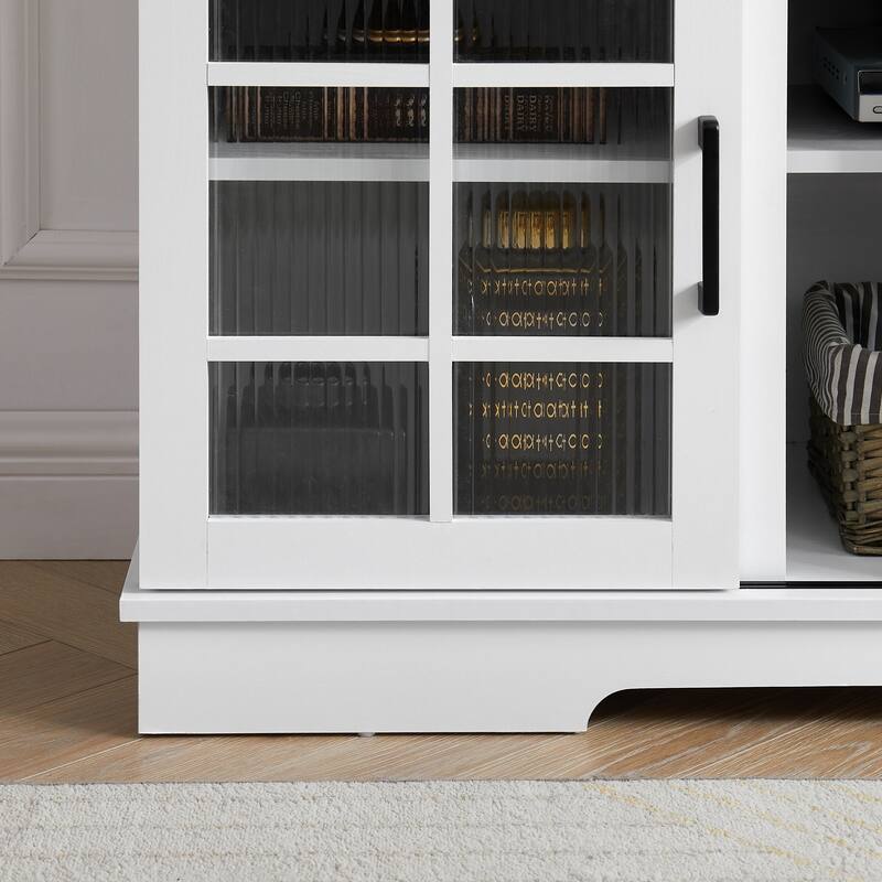 White 59" TV Stand with 2 Sliding Glass Doors and Adjustable Shelves for TVs Up to 65"