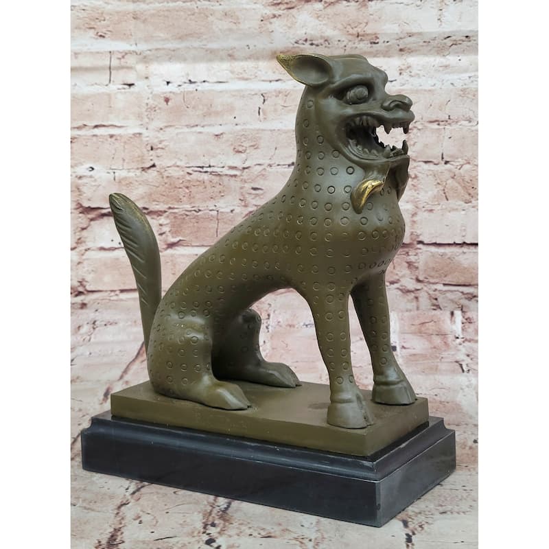 Asian Food Imitative Dog Imitative Lion Guardian Beast Bronze Sculpture On Marble Base