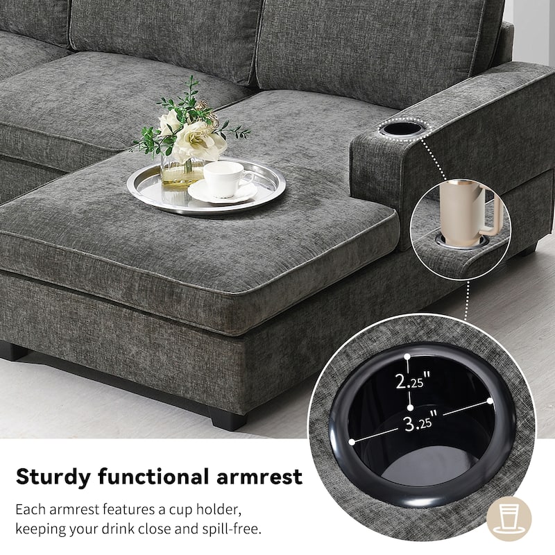 119*67" Chenille Upholstered U-Shaped Corner Sectional Sofa with Oversized Chaise Lounge and Cup holder