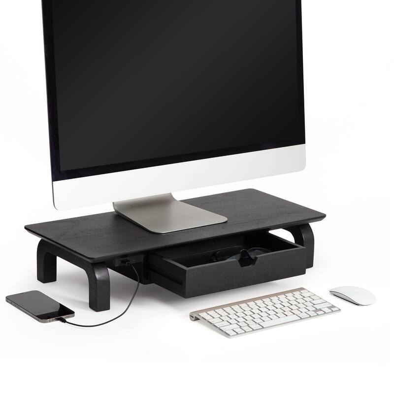Jani Wood Monitor Stand Riser Desk - Ergonomic Design Stand, Desktop Organizer Table for Home, Office Workspace, Gaming Desk - Black