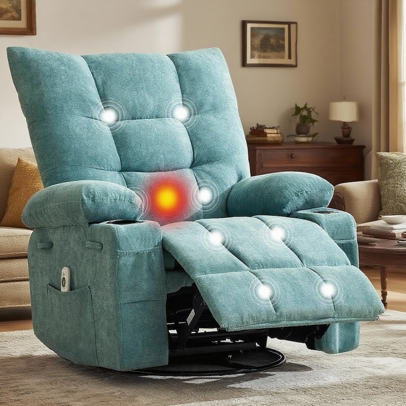 Swivel Rocker Recliner Chair, with Massage and Heat and Side Pocket - Blue - 23D