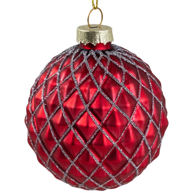 Glittered Glass Christmas Ball Ornament - 3.25" - Red and Silver