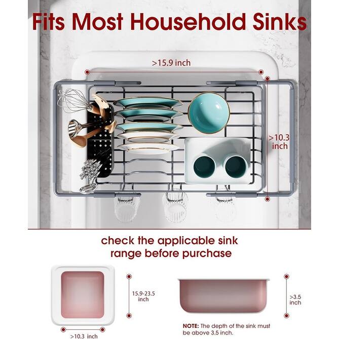 Dish Drying Rack in Sink - Expandable Stainless Steel Dish Rack - 9.8"D x 15.4"W x 3"H