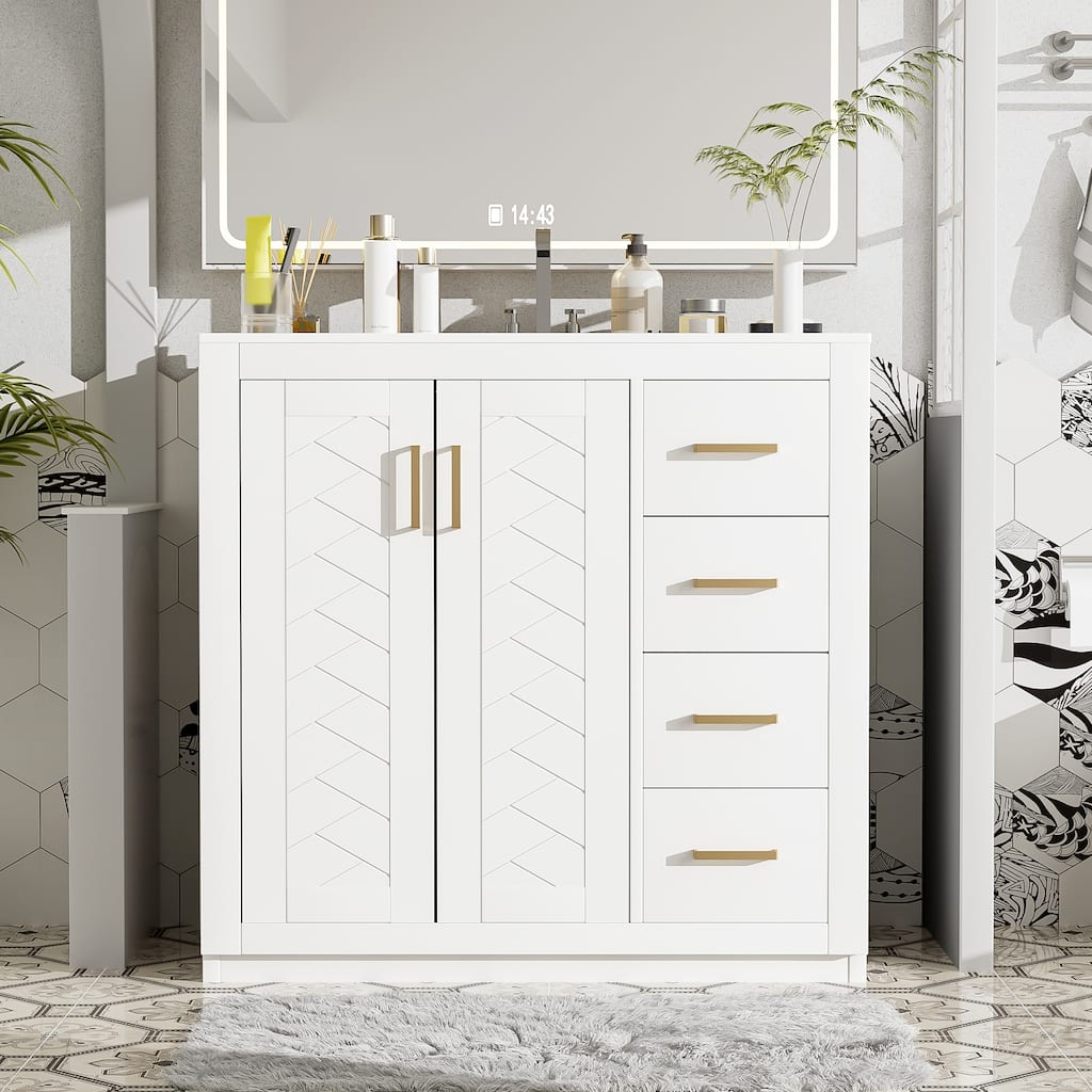 36" Bathroom Vanity Combo with Ceramic Basin, Solid Wood Frame, 3 Drawers, Soft-Close Doors