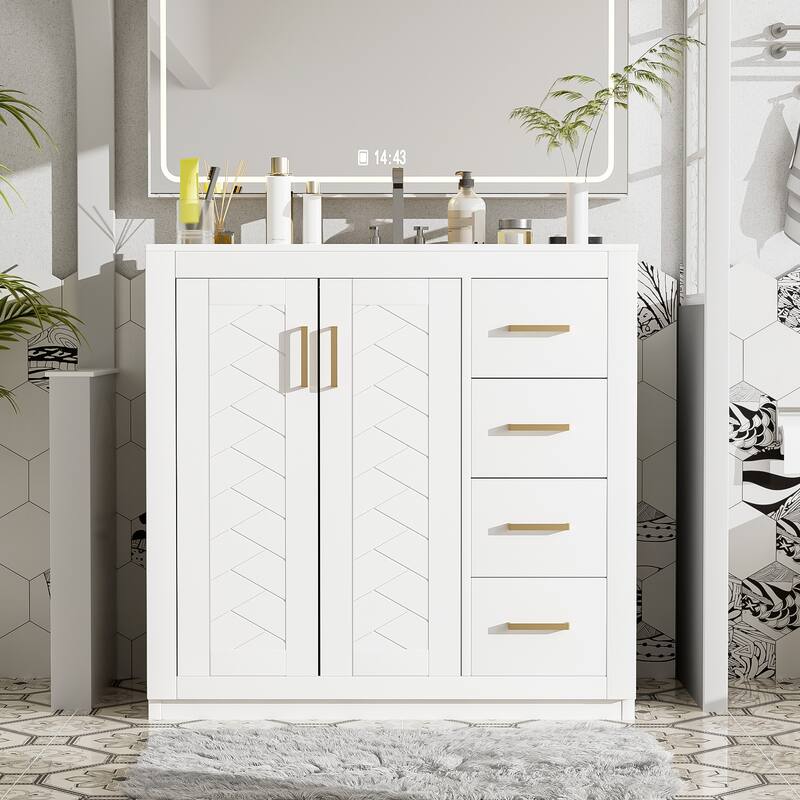 Freestanding Geometric Pattern Bathroom Vanity Solid Wood Frame Storage Cabinet with Sink, 3 Drawers and Soft Closing Doors - White