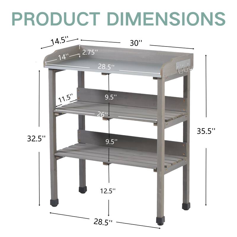 30″x14.5″×35.5″ Potting Table w/Metal Tabletop, 3 Layers Outdoor Work Bench