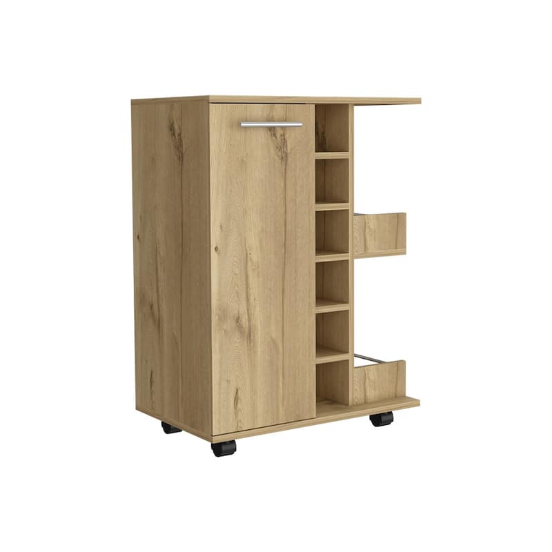 Bar Cart, Four Casters, Six Wine Cubbies, Single Door Cabinet - Light Oak