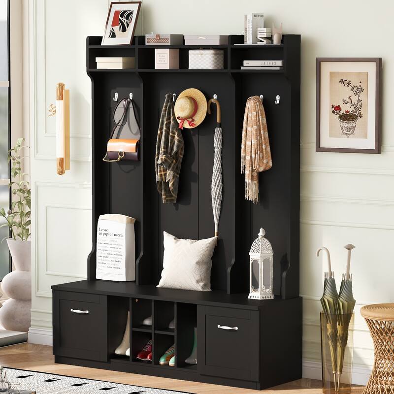 5-in-1 Entryway Bench with Coat Rack, 7 Sturdy Hooks, Adjustable Shelves, Drawers, and Metal Handles - Black