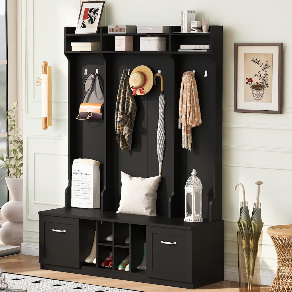 Modern Hall Tree Cabinet with Bench & Adjustable Shelves, Entryway Storage Cabinet Coat Rack with Walk-in Closet